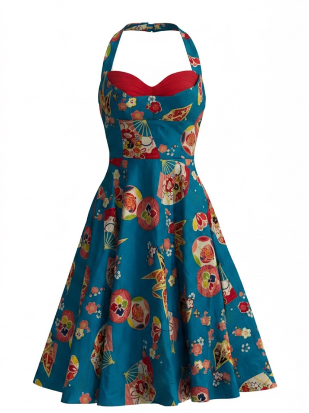 Trashy Diva Teal Floral Fit-and-Flare Geisha Fan Asian Dress with Red Bust - Picture 1 of 12